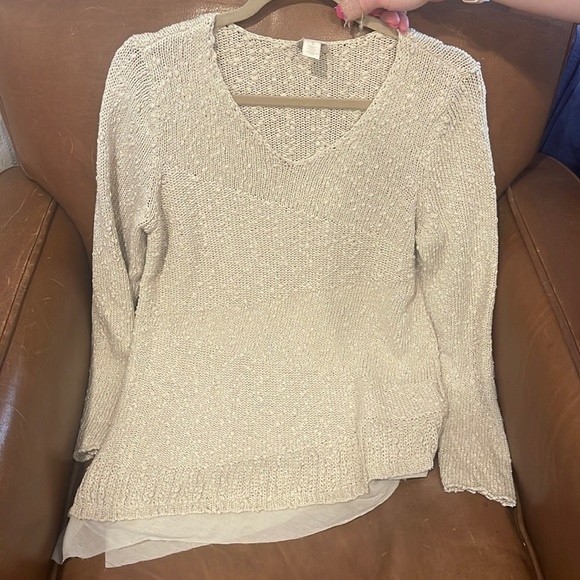 Chico’s Oatmeal Knit sweater with metallic accents and chiffon bottom detail - Picture 1 of 4